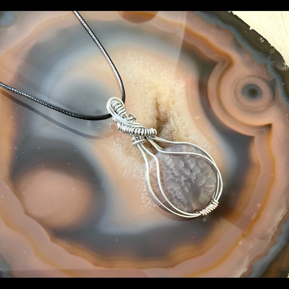Handmade Silver Wire wrapped gray agate necklace healing Stone gift for her